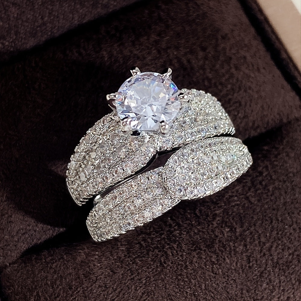 2 Pcs/set 925 Silver Plated Bridal Wedding Zircon Ring For Women Engagement Proposal Gift Jewelry