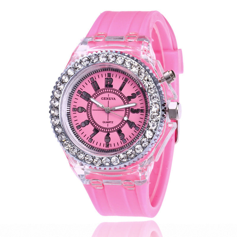 Luminous Watch Rhinestone LED Flash Couple Silicone For Women Unisex Round Quartz Sports Watch