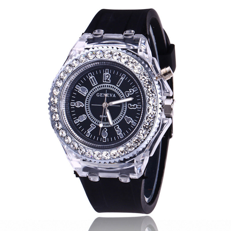 Luminous Watch Rhinestone LED Flash Couple Silicone For Women Unisex Round Quartz Sports Watch