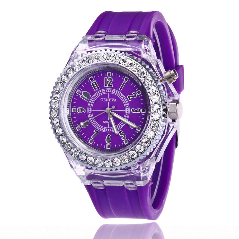 Luminous Watch Rhinestone LED Flash Couple Silicone For Women Unisex Round Quartz Sports Watch