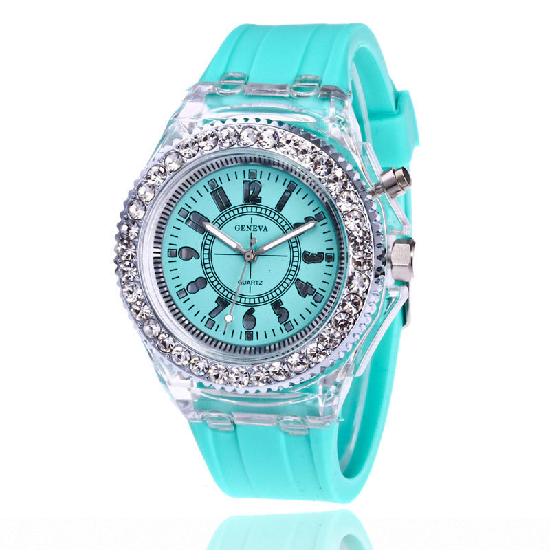 Luminous Watch Rhinestone LED Flash Couple Silicone For Women Unisex Round Quartz Sports Watch