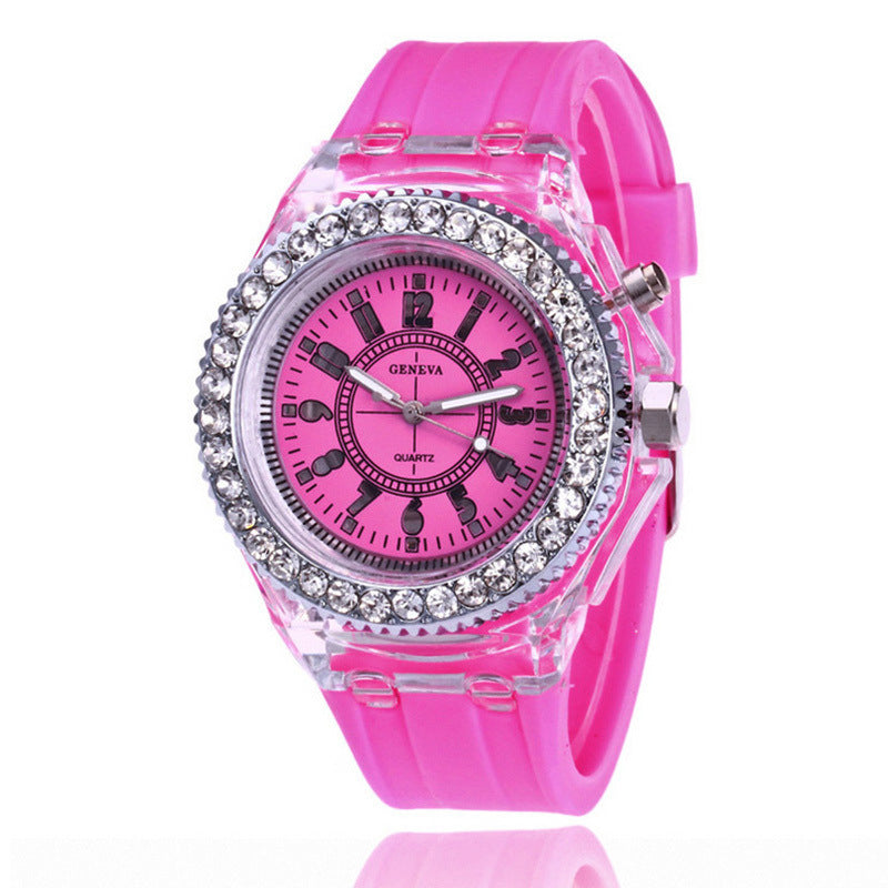Luminous Watch Rhinestone LED Flash Couple Silicone For Women Unisex Round Quartz Sports Watch