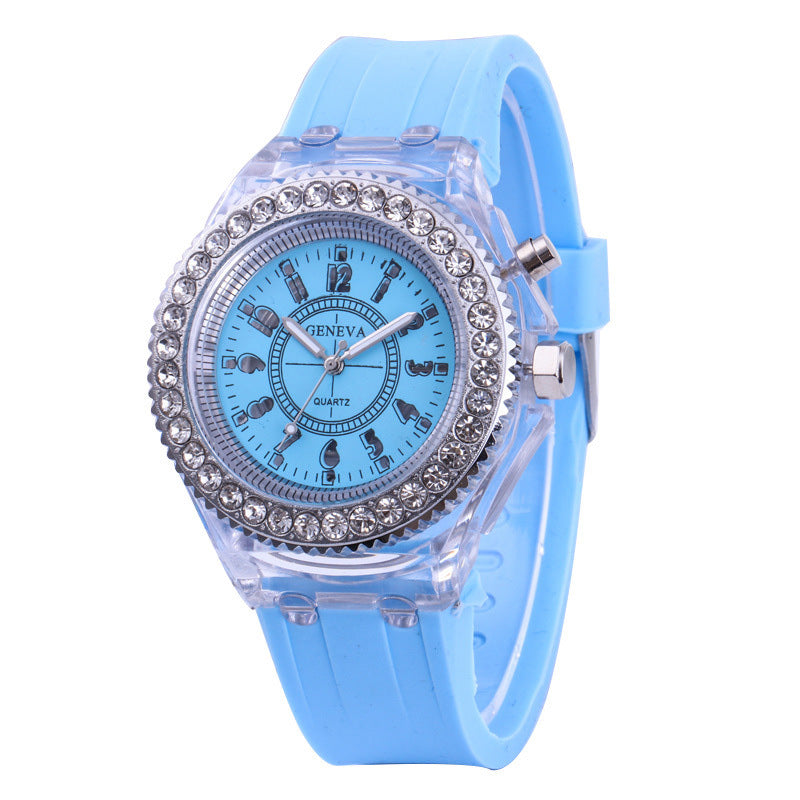 Luminous Watch Rhinestone LED Flash Couple Silicone For Women Unisex Round Quartz Sports Watch