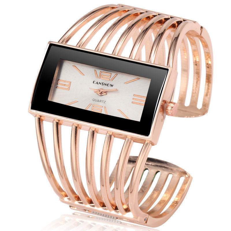 Women Luxury Cuff Bracelet Rectangular Dial Hollow Analog Quartz Wrist Watch For Ladies