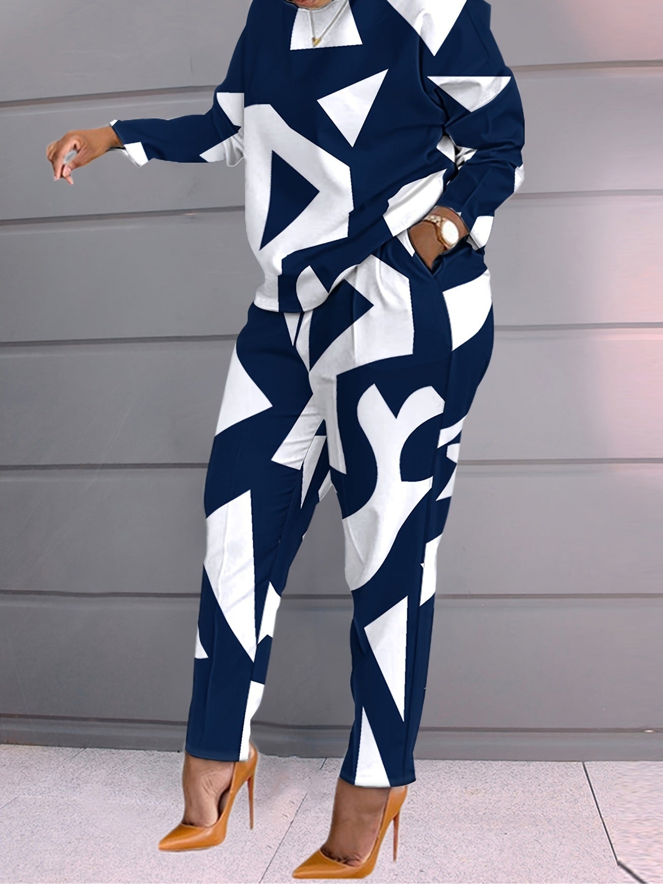 Plus Size Geometric Print Long Sleeve Tops & Straight Leg Pants Set; Women's Plus Slight Stretch Casual 2pcs Set Outfits