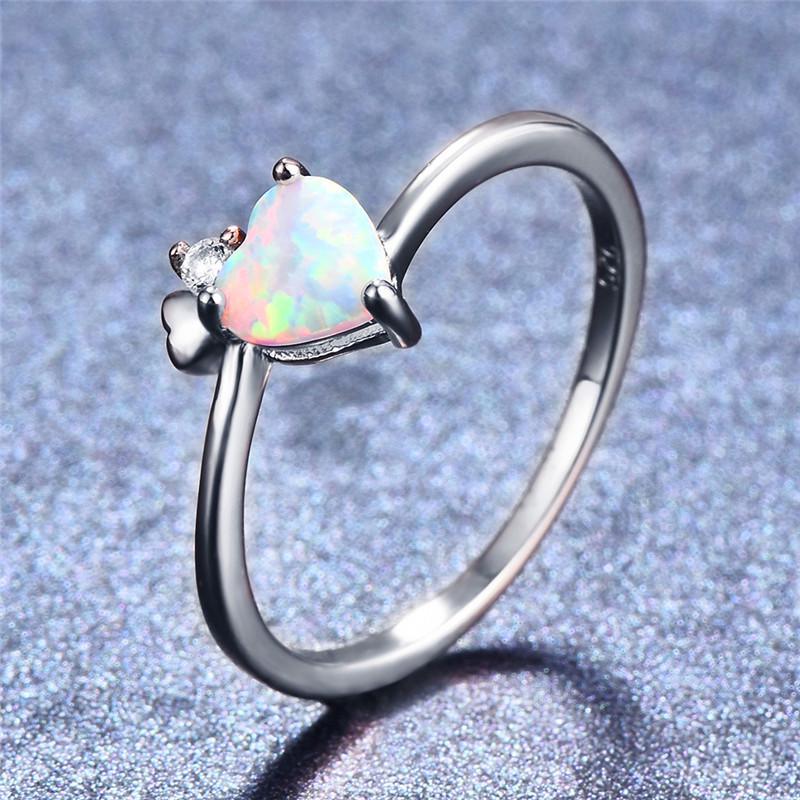 Beautiful Silver Color Love Heart Blue/White/Purple Round Fire Opal CZ Rings Jewelry Gifts