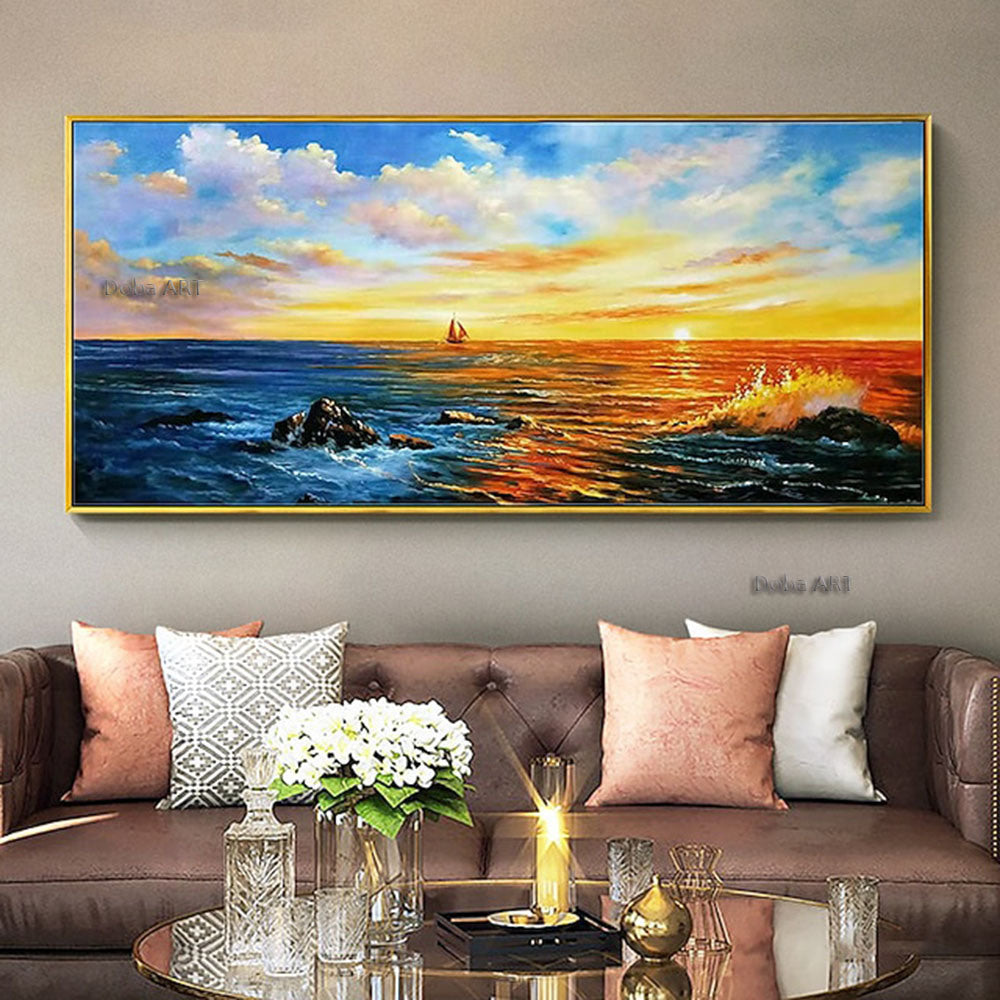 Handmade Hand Painted Wall Art On Canvas Horizontal Panoramic Abstract Modern Landscape Nightfall Sea Sky Home Living Room hallway bedroom luxurious decorative painting