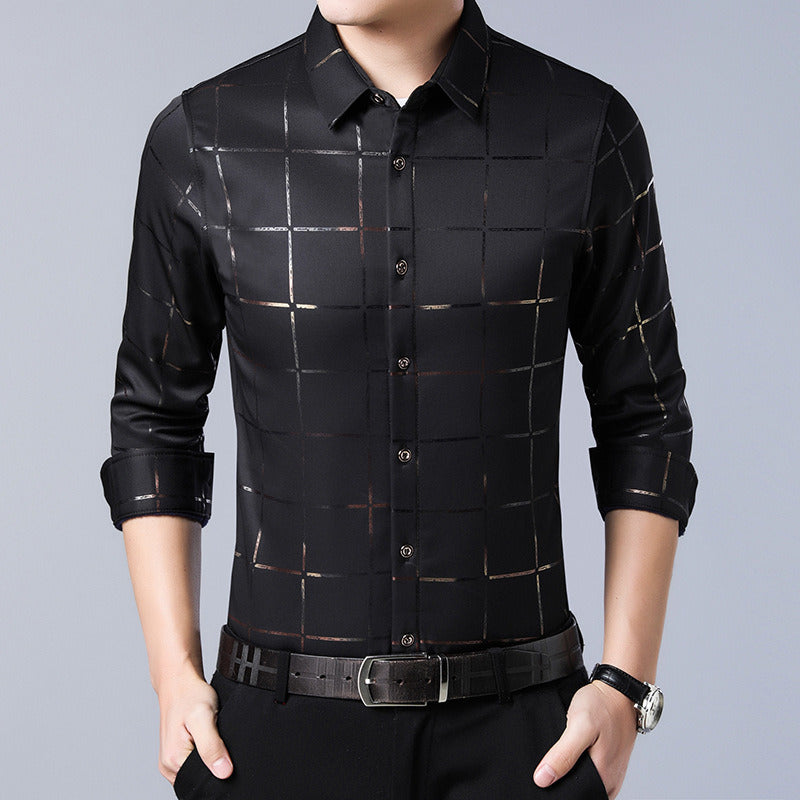 Men's Gold Plaid Long Sleeved Dress Shirt Printed Casual Button up Shirt