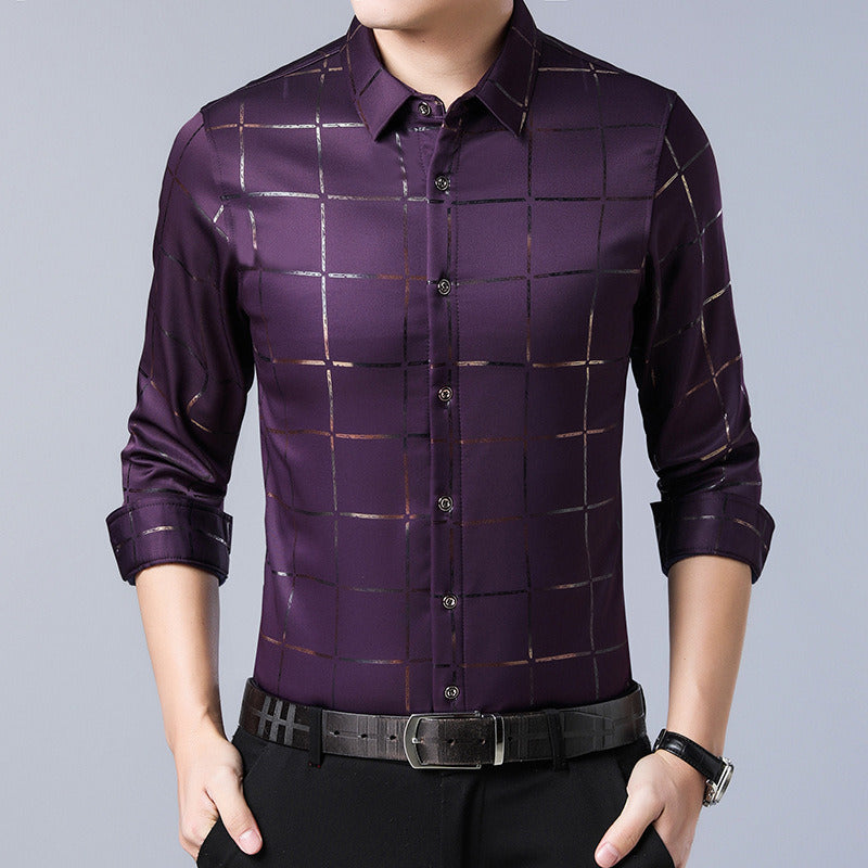 Men's Gold Plaid Long Sleeved Dress Shirt Printed Casual Button up Shirt