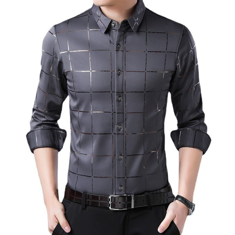 Men's Gold Plaid Long Sleeved Dress Shirt Printed Casual Button up Shirt