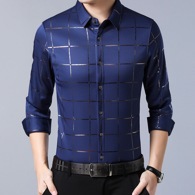 Men's Gold Plaid Long Sleeved Dress Shirt Printed Casual Button up Shirt