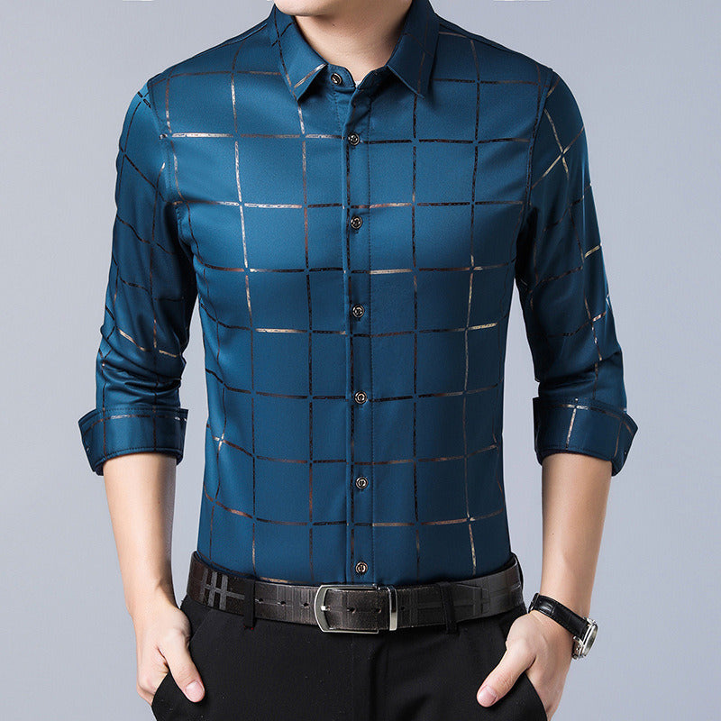 Men's Gold Plaid Long Sleeved Dress Shirt Printed Casual Button up Shirt