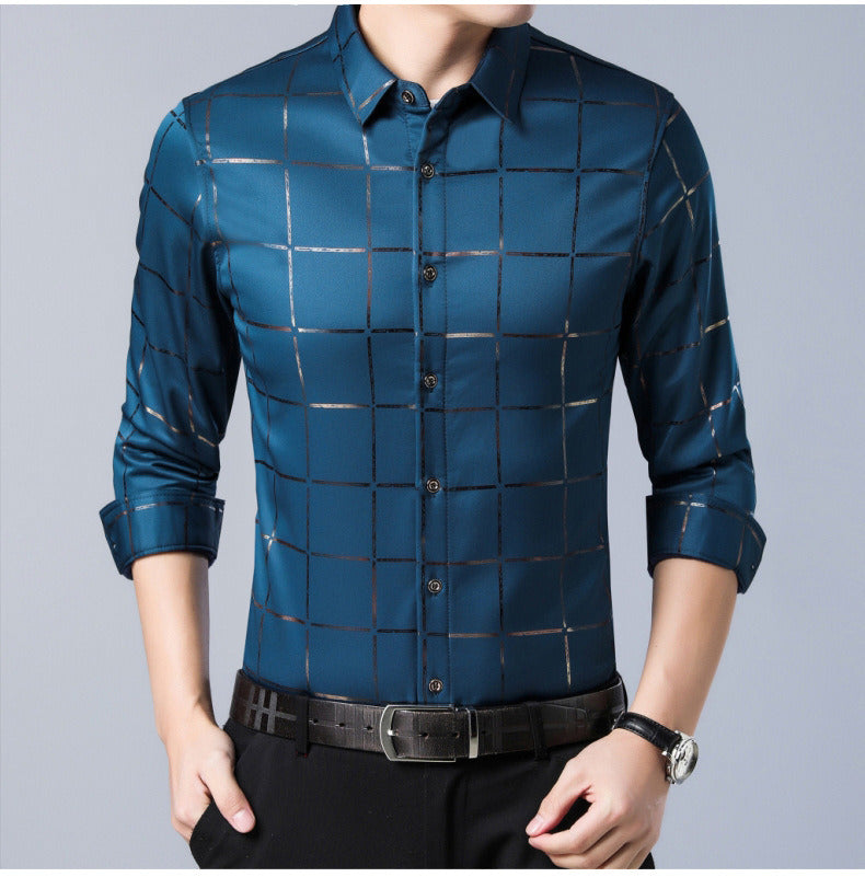Men's Gold Plaid Long Sleeved Dress Shirt Printed Casual Button up Shirt