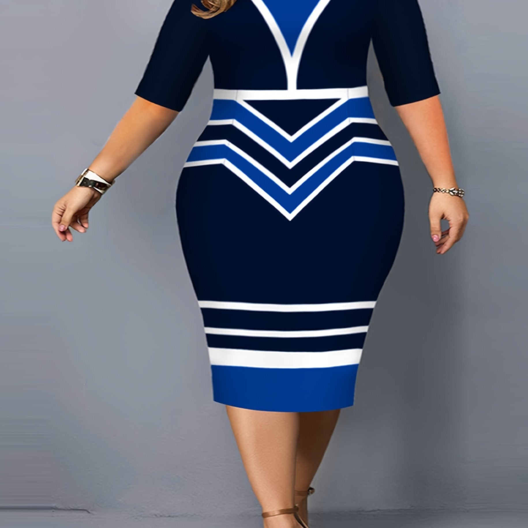 Plus Size Colorblock Half Sleeve Slim Fit Midi Dress; Women's Plus Slight Stretch Boho Midi Dress