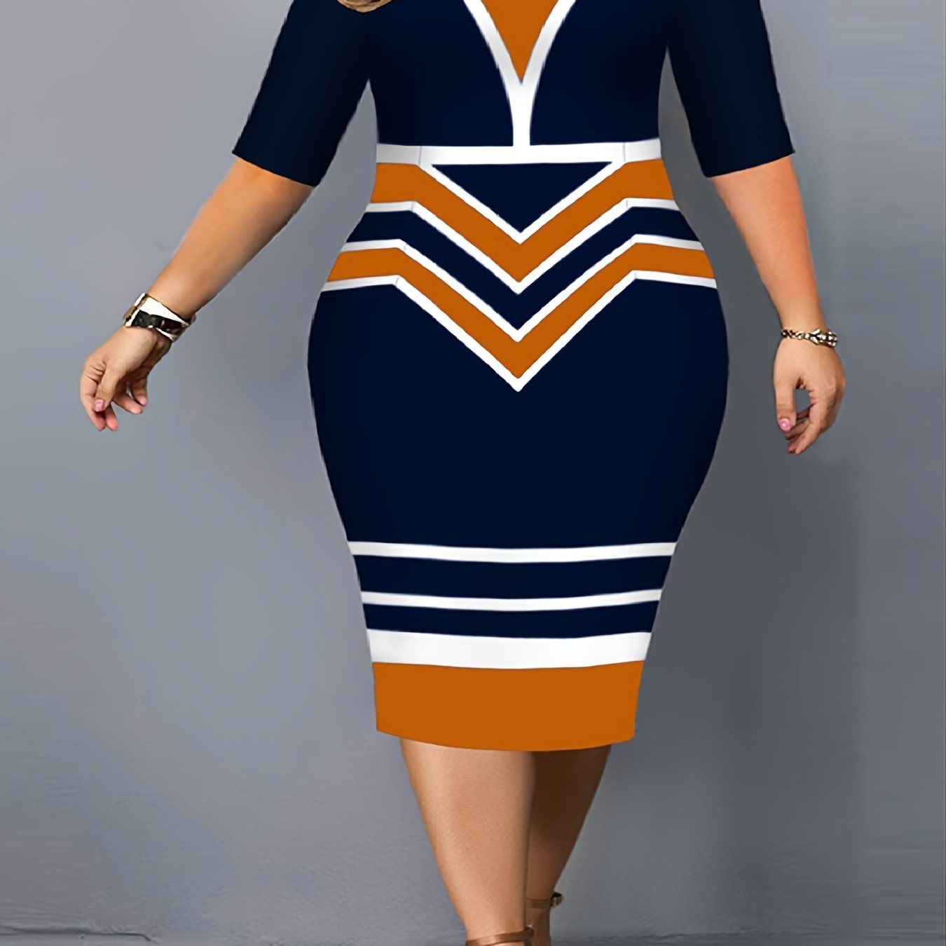 Plus Size Colorblock Half Sleeve Slim Fit Midi Dress; Women's Plus Slight Stretch Boho Midi Dress