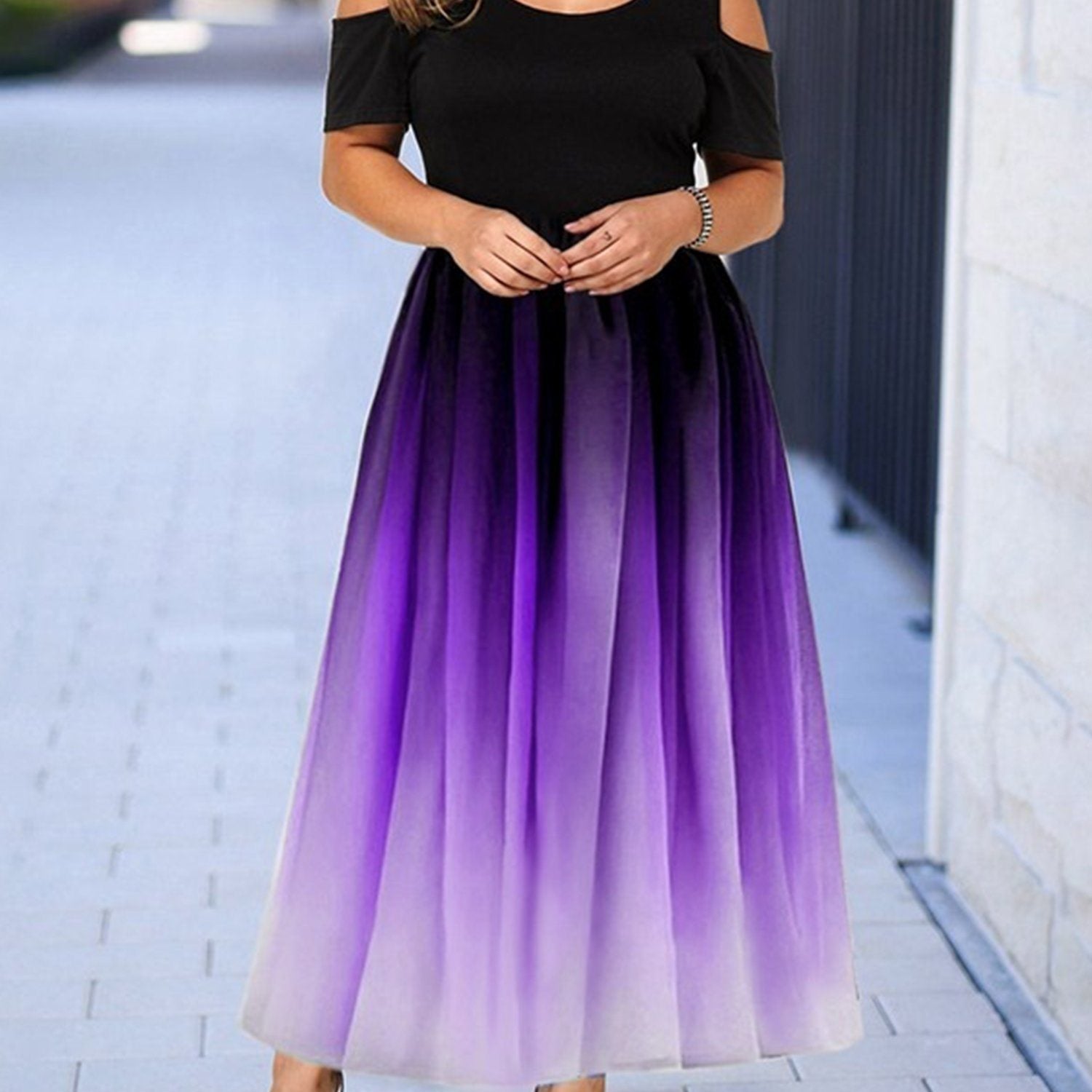 Size Ombre Print Cold Shoulder Maxi Dress; Women's Slight Stretch Elegant Short Sleeve Long Prom Dress