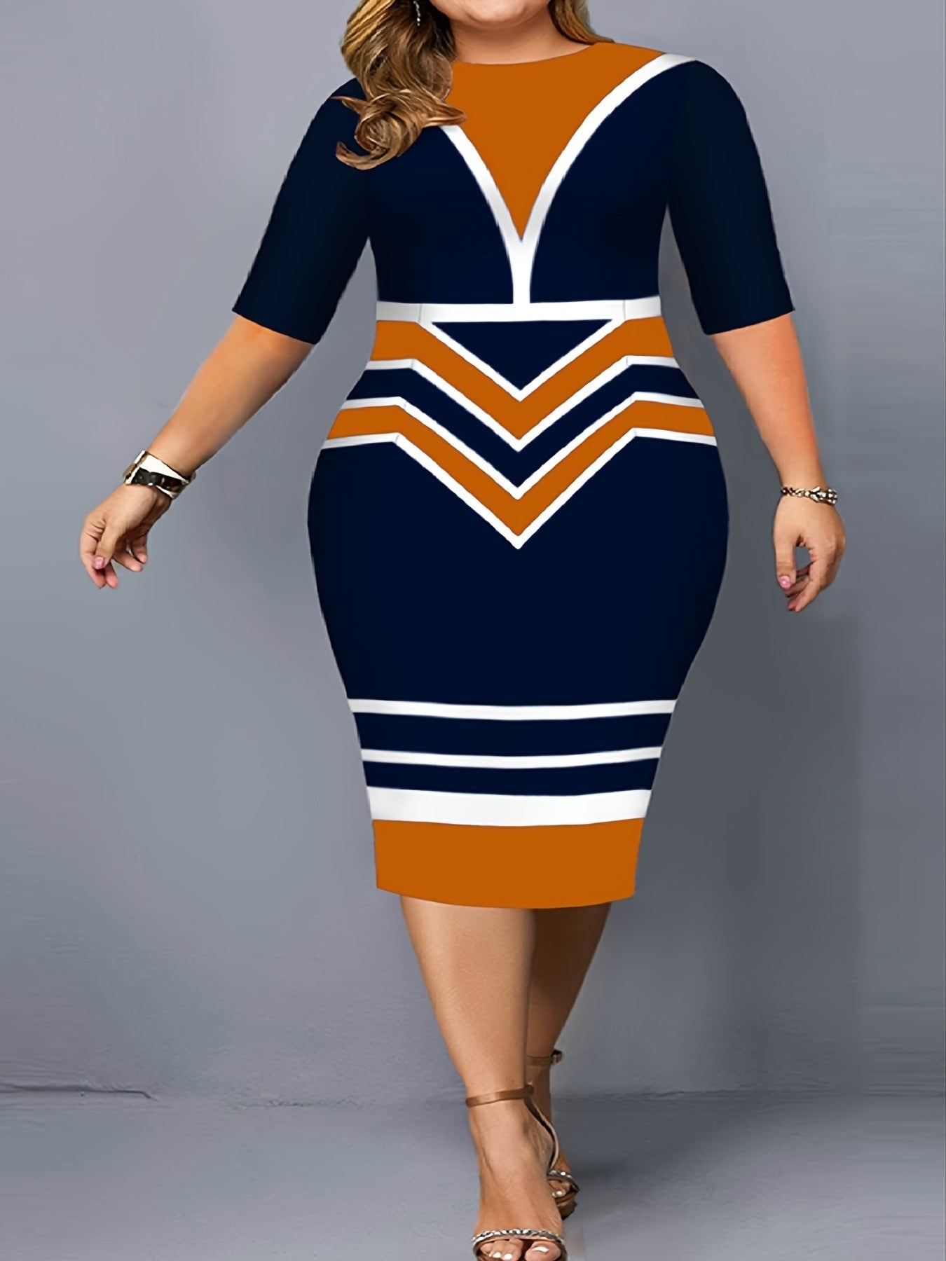 Size Colorblock Half Sleeve Slim Fit Midi Dress; Women's Slight Stretch Boho Midi Dress