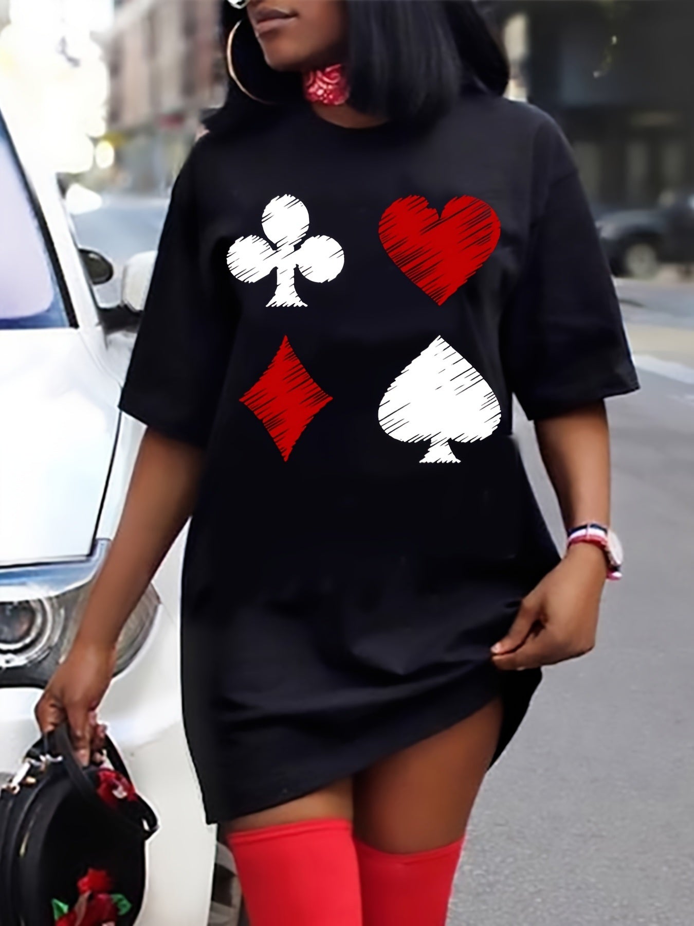 Size Casual Dress; Women's Poker Card Suits Print Round Neck Short Sleeve T-shirt Dress