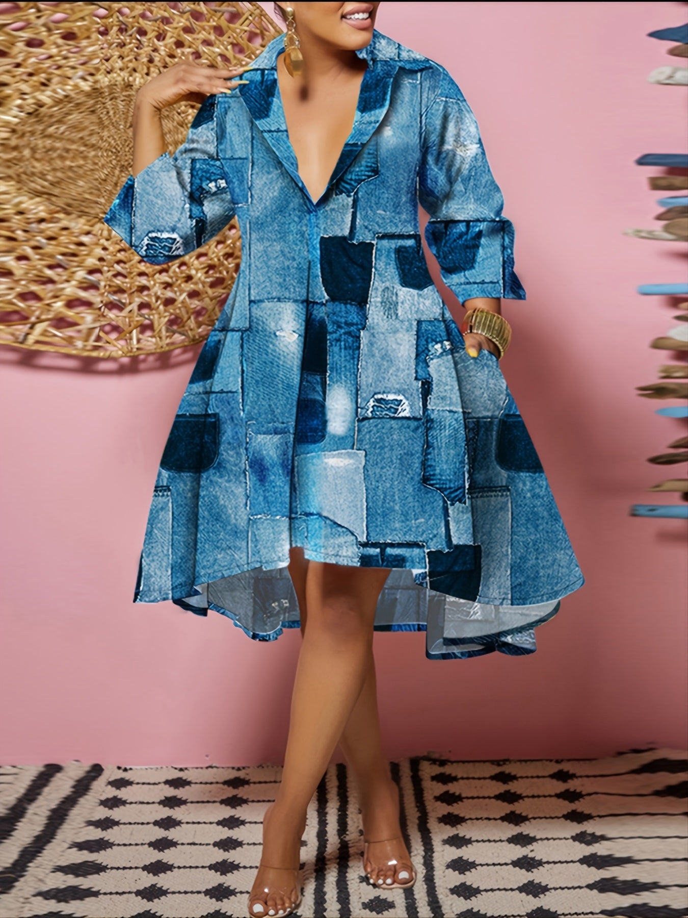 Plus Size Casual Dress; Women's Plus Denim Print Long Sleeve Lapel Collar Knee Length Dress