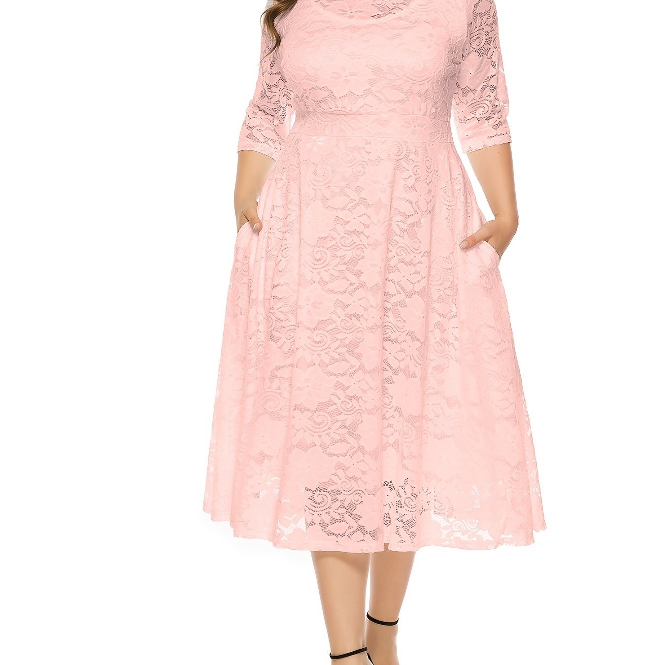 Plus Size Contrast Lace Half Sleeve Semi Sheer Midi Prom Dress; Women's Plus Elegant Party Dress For Wedding