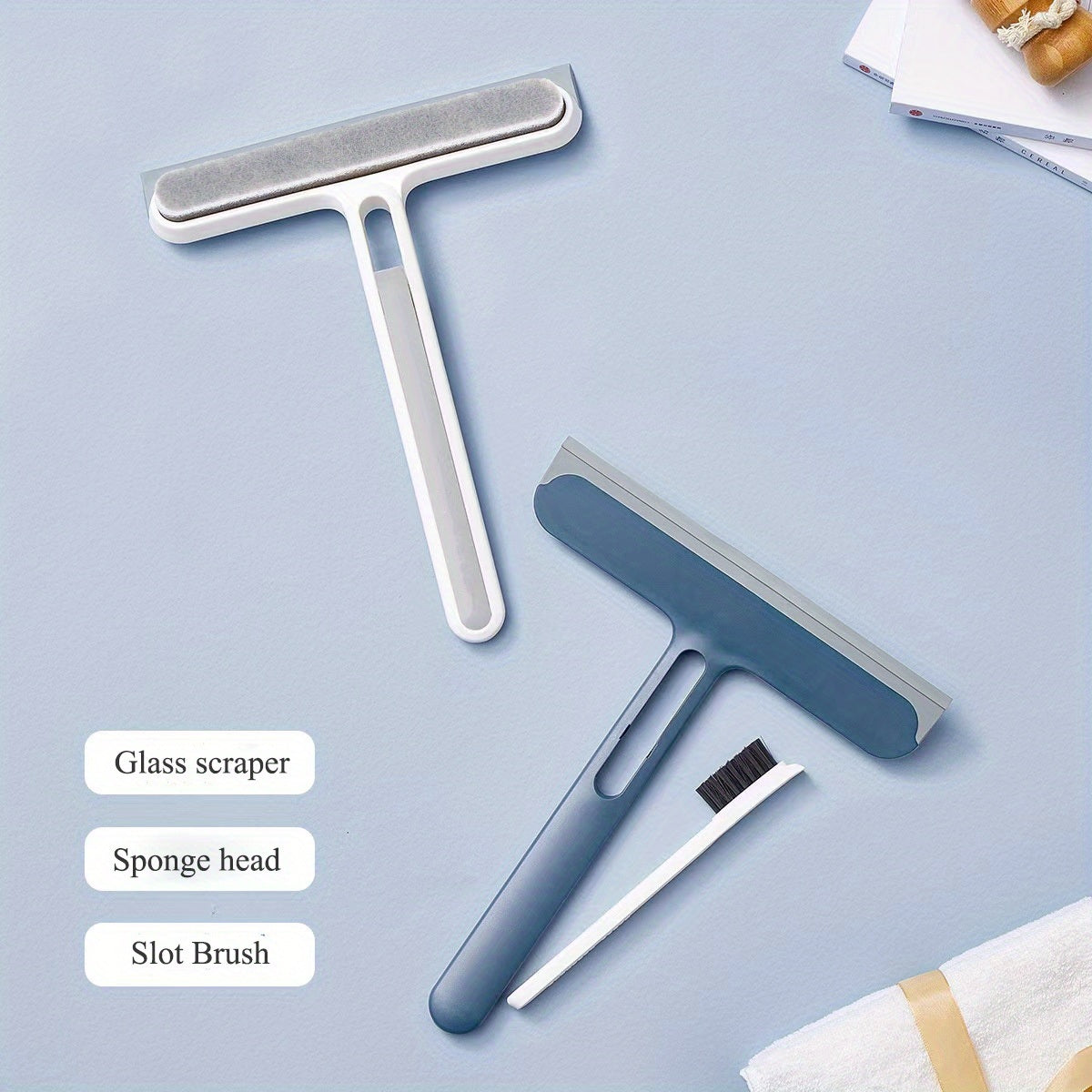 1pc/2pcs 3-in-1 Multi-Purpose Glass Cleaning Brush With Handle, Magic Window Cleaning Brush, Squeegee For Window, Glass, Shower Door, Car Windshield, Heavy Duty Window Scrubber, Blue, White