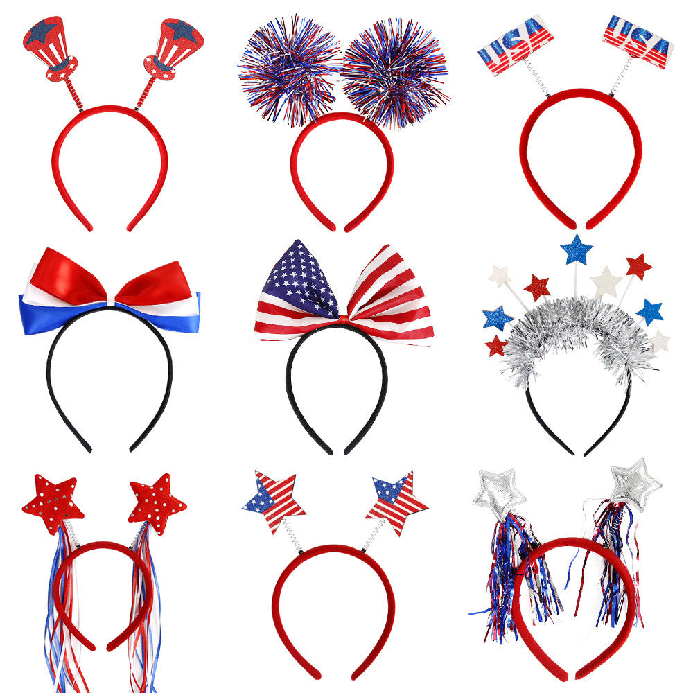 9Pcs Patriotic American Flag Sequined Bow, Stars ribbon Headbands, Uncle Sam Hat