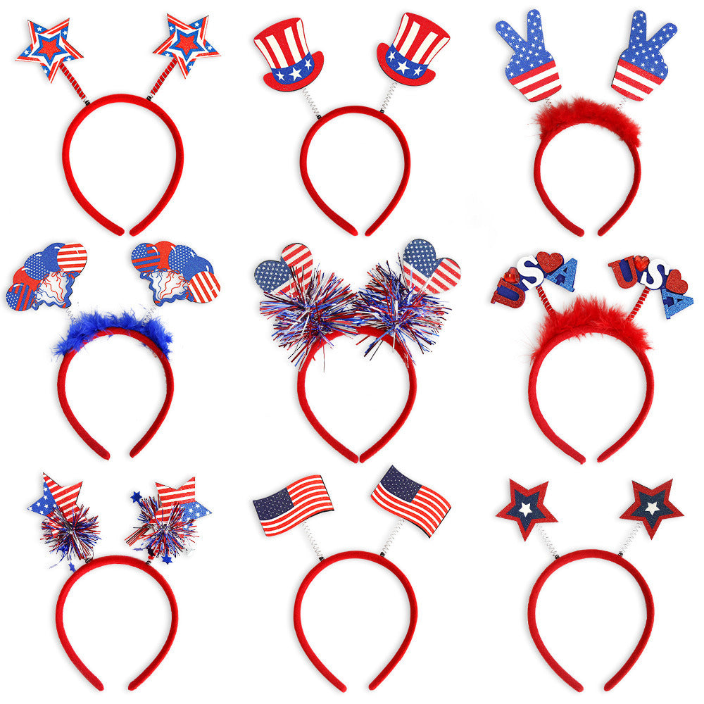 9Pcs Patriotic American Flag Sequined Bow, Stars ribbon Headbands, Uncle Sam Hat