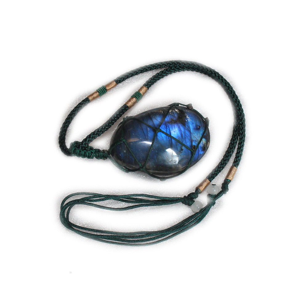 Natural Crystal Pull Feldspar Net Pendant Moonstone Necklace Hand-woven Blue Light