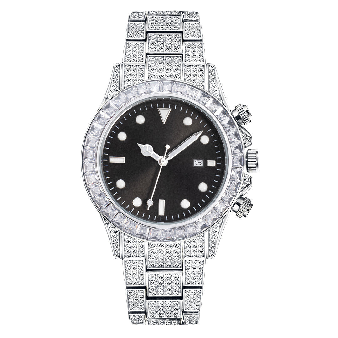 High-grade Diamond-encrusted Di Tone Full Diamond-green Disk Sun Pattern Luminous Quartz Watch