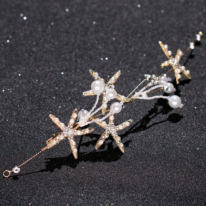 Beautiful Diamond Headband Starfish Pearl Hair Ornament Starfish Wedding Dress Jewelry