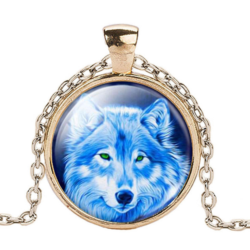 European And American Wolf Time Gem Cabochon Necklace Alloy Glass Pendant Clavicle Chain