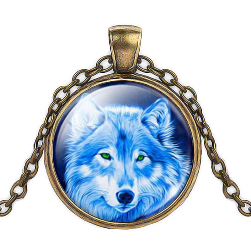 European And American Wolf Time Gem Cabochon Necklace Alloy Glass Pendant Clavicle Chain