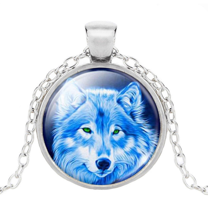 European And American Wolf Time Gem Cabochon Necklace Alloy Glass Pendant Clavicle Chain