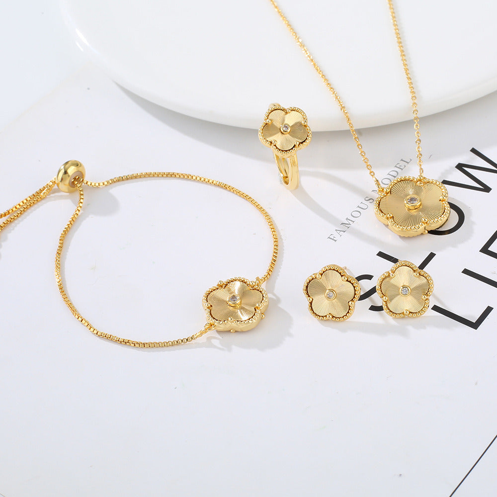 Gold Flower Bracelet Ring Earrings Bracelet Women's Jewelry Set