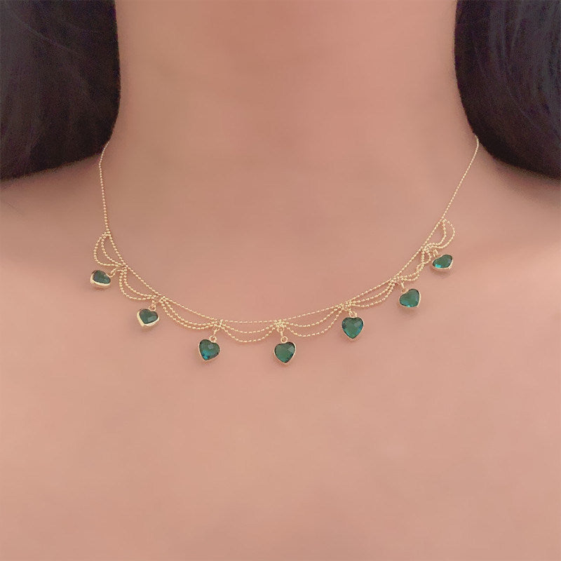 Women's Vintage Love Green Crystal Zirconia Collarbone Chain