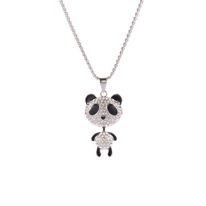 Lovely Diamond Inlaid Panda Titanium Steel Necklace