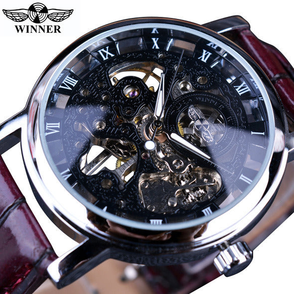 Men's Mechanical Watch Fashion Casual Retro Roman Style Hollow-out Watch