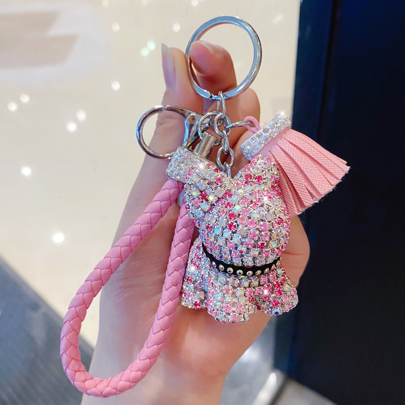 Cartoon Full Drill Method Fighting Dog Keyring Cute Men And Women Tassel Bag Keychain Ring Hanging Ornament