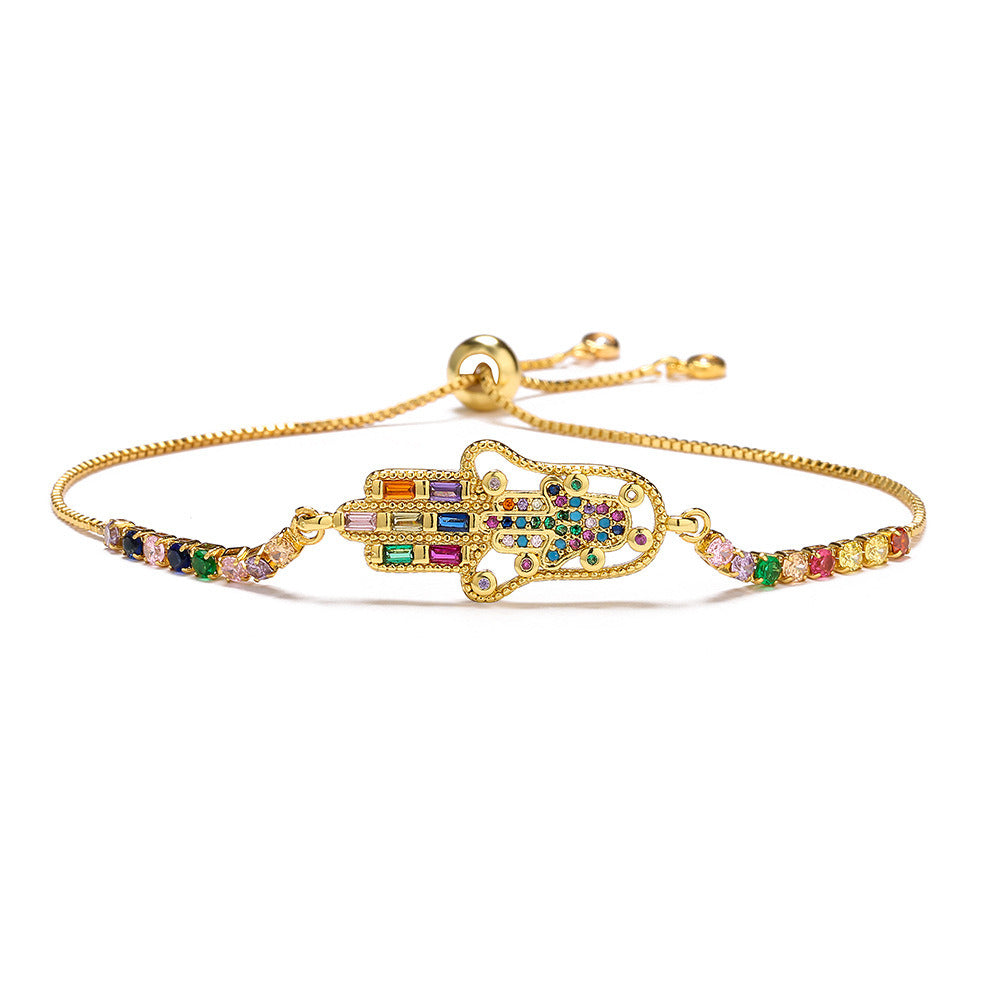 Gold Zircon Fatima Hand Geometric Charm Bracelet