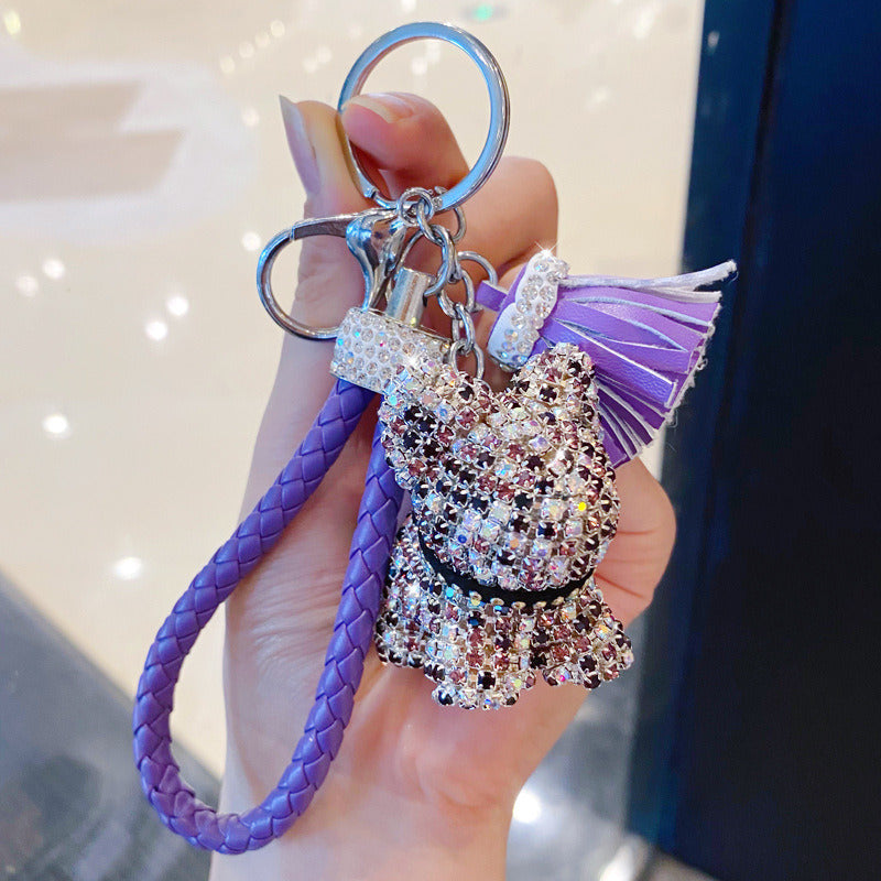 Cartoon Full Drill Method Fighting Dog Keyring Cute Men And Women Tassel Bag Keychain Ring Hanging Ornament