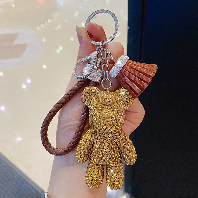 Cartoon Full Drill Method Fighting Dog Keyring Cute Men And Women Tassel Bag Keychain Ring Hanging Ornament