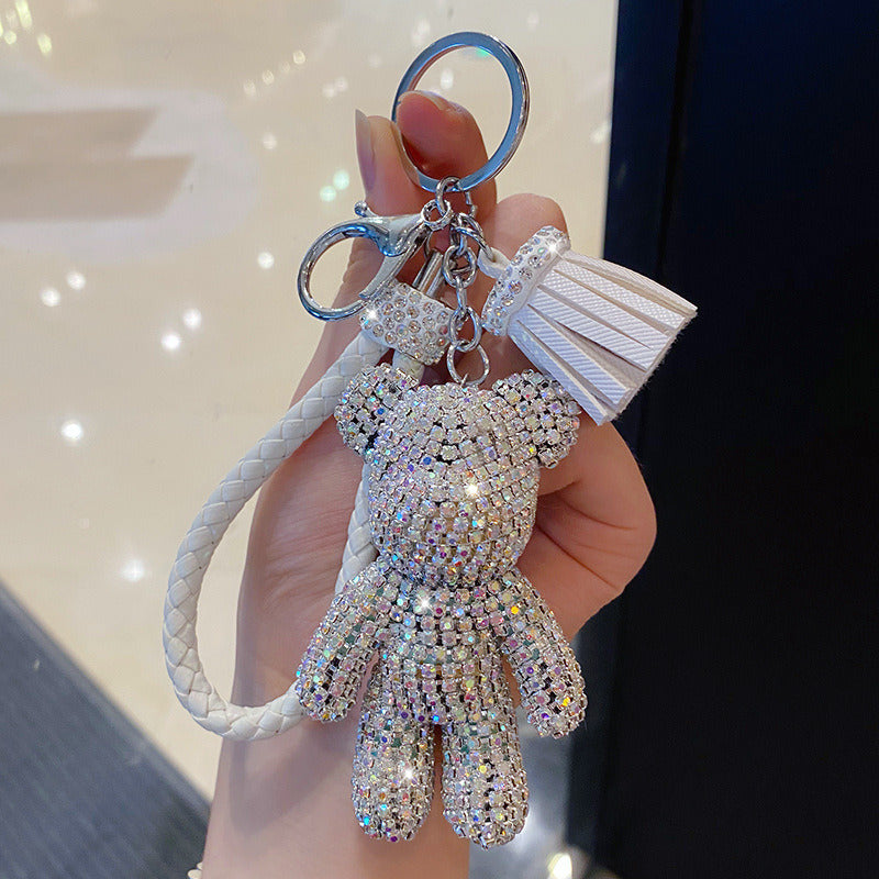 Cartoon Full Drill Method Fighting Dog Keyring Cute Men And Women Tassel Bag Keychain Ring Hanging Ornament