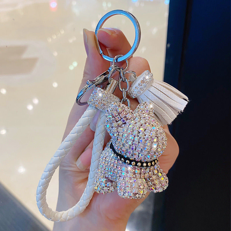 Cartoon Full Drill Method Fighting Dog Keyring Cute Men And Women Tassel Bag Keychain Ring Hanging Ornament