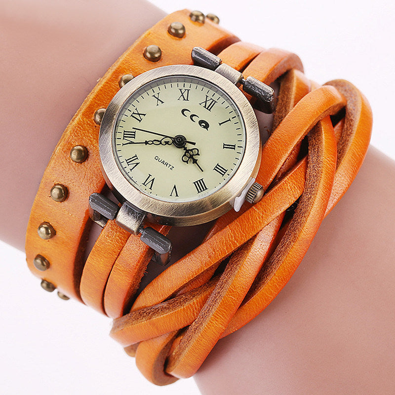 Women's Fashion Personality Cowhide Dough-twist Style Plaits Watch Retro Rivet