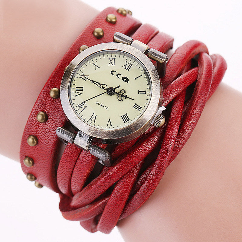 Women's Fashion Personality Cowhide Dough-twist Style Plaits Watch Retro Rivet