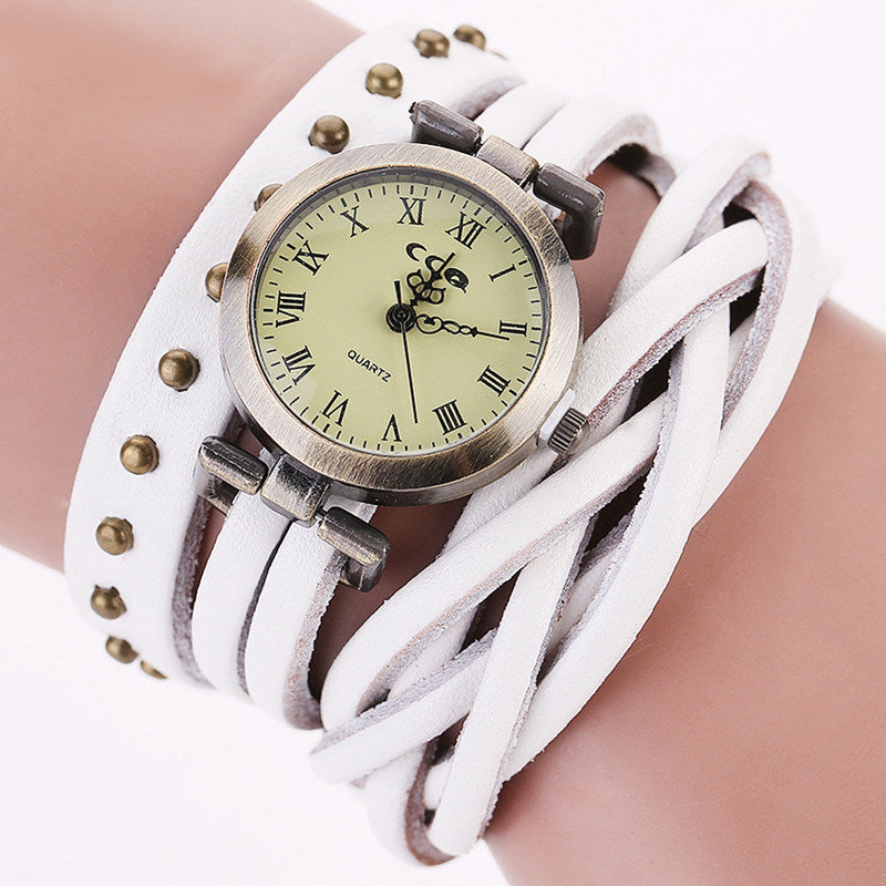 Women's Fashion Personality Cowhide Dough-twist Style Plaits Watch Retro Rivet