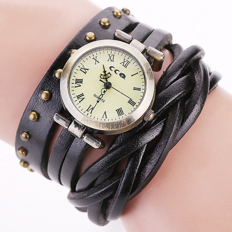 Women's Fashion Personality Cowhide Dough-twist Style Plaits Watch Retro Rivet