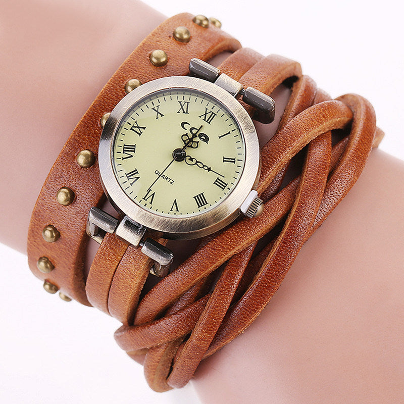 Women's Fashion Personality Cowhide Dough-twist Style Plaits Watch Retro Rivet