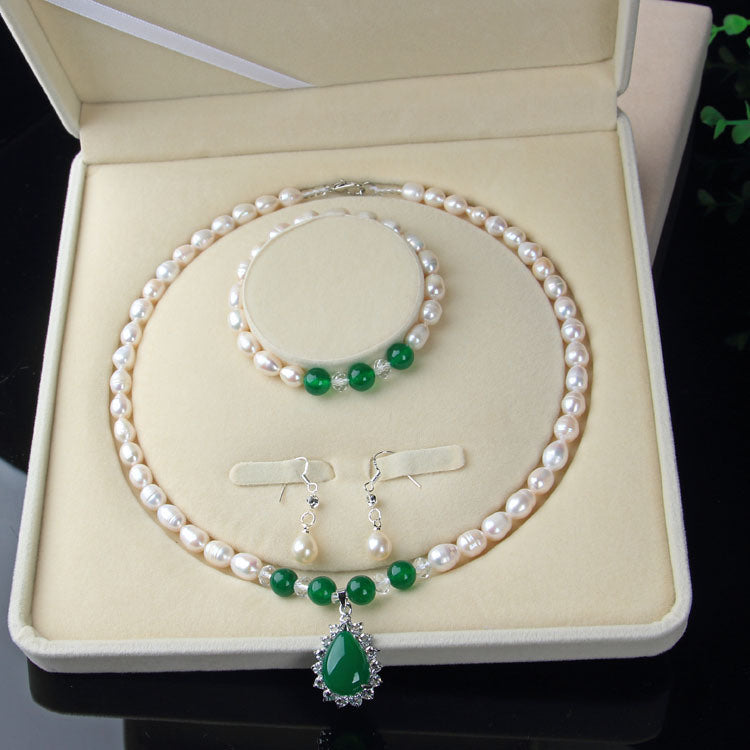 Freshwater Pearl Necklace Set Emerald A Cargo Three-piece Set