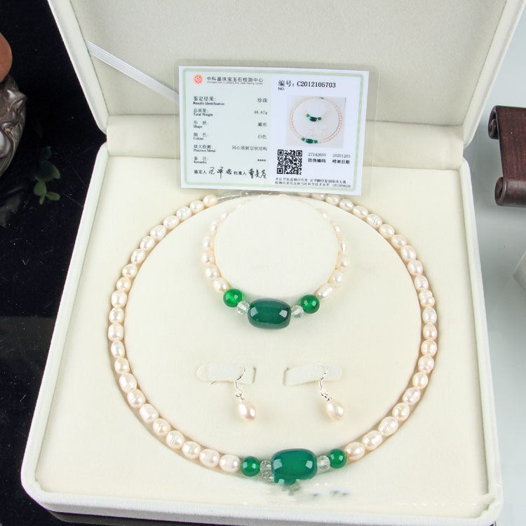 Freshwater Pearl Necklace Set Emerald A Cargo Three-piece Set